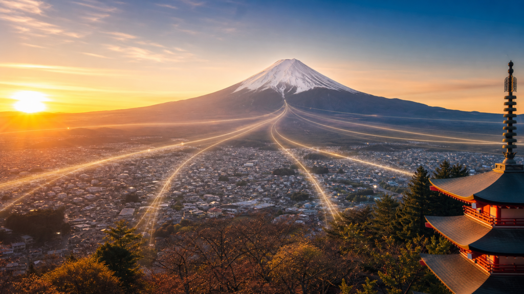 朝日に照らされた富士山と静かな湖