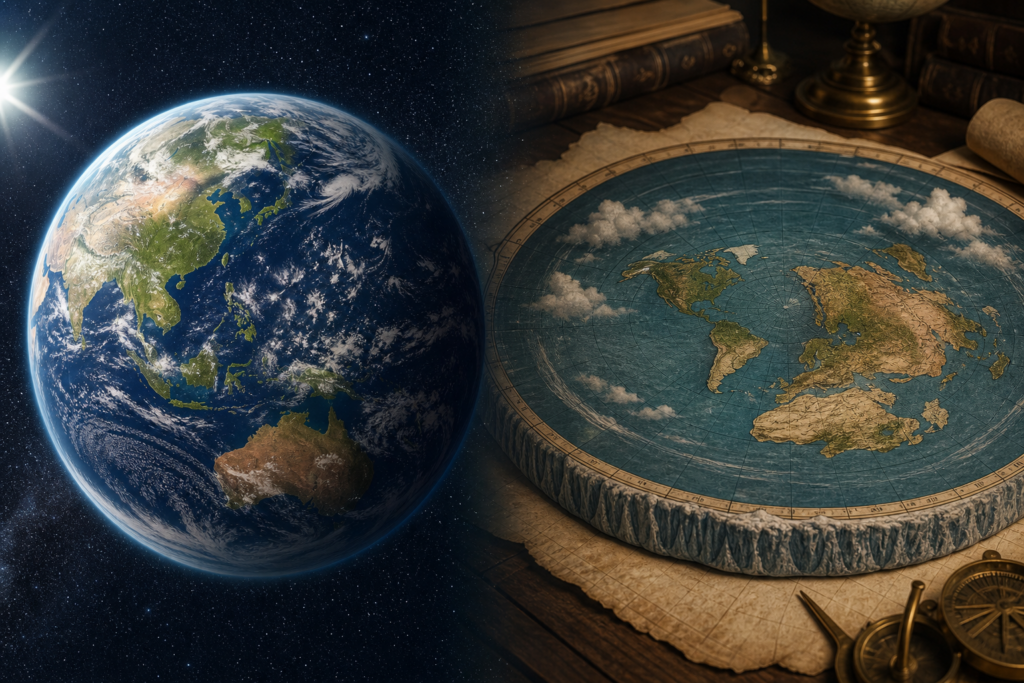 球体の地球と平面地図を比較した科学的イメージ