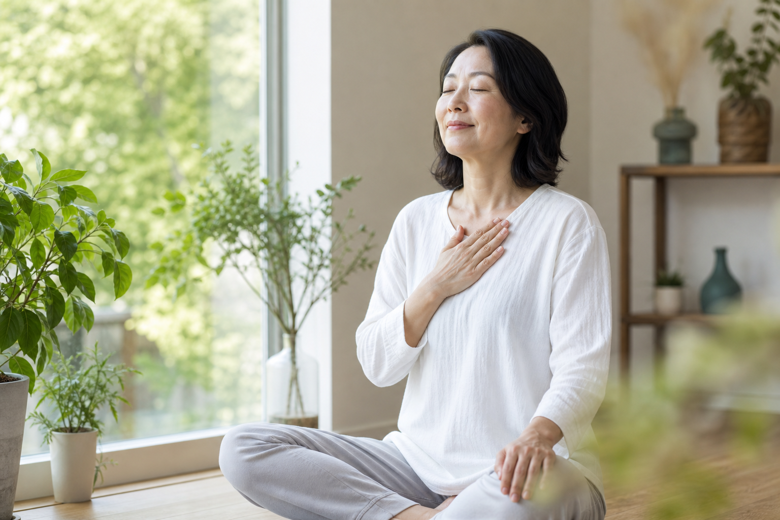 窓辺で呼吸を整える女性