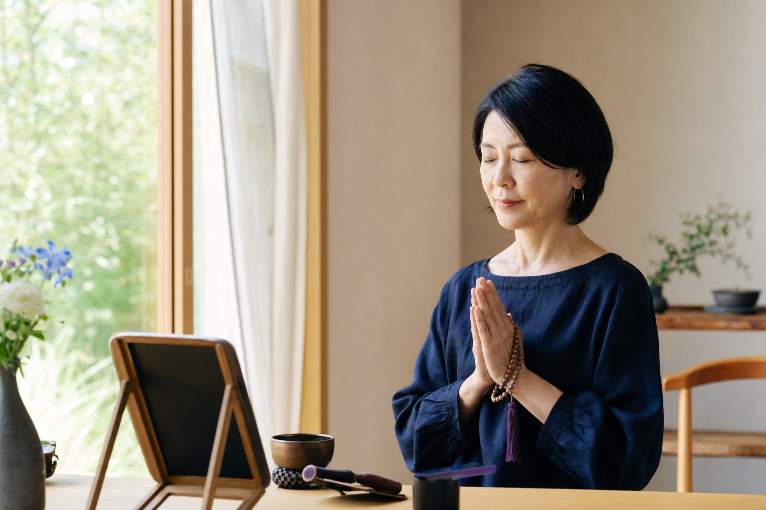 祈りの姿勢で静かに唱える女性