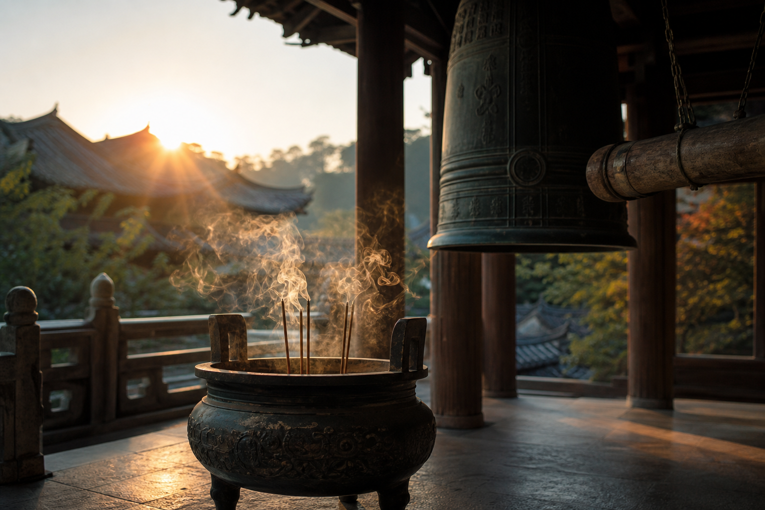 朝の光が差す寺院の鐘と香炉