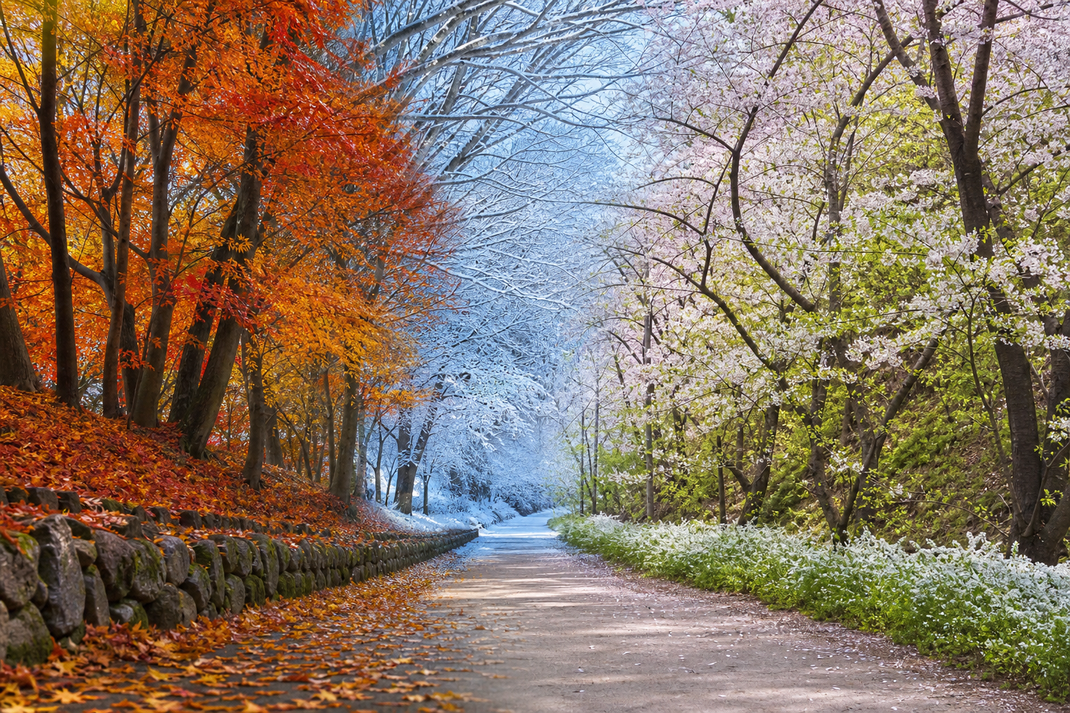 季節の移り変わりが一つの道に重なる風景