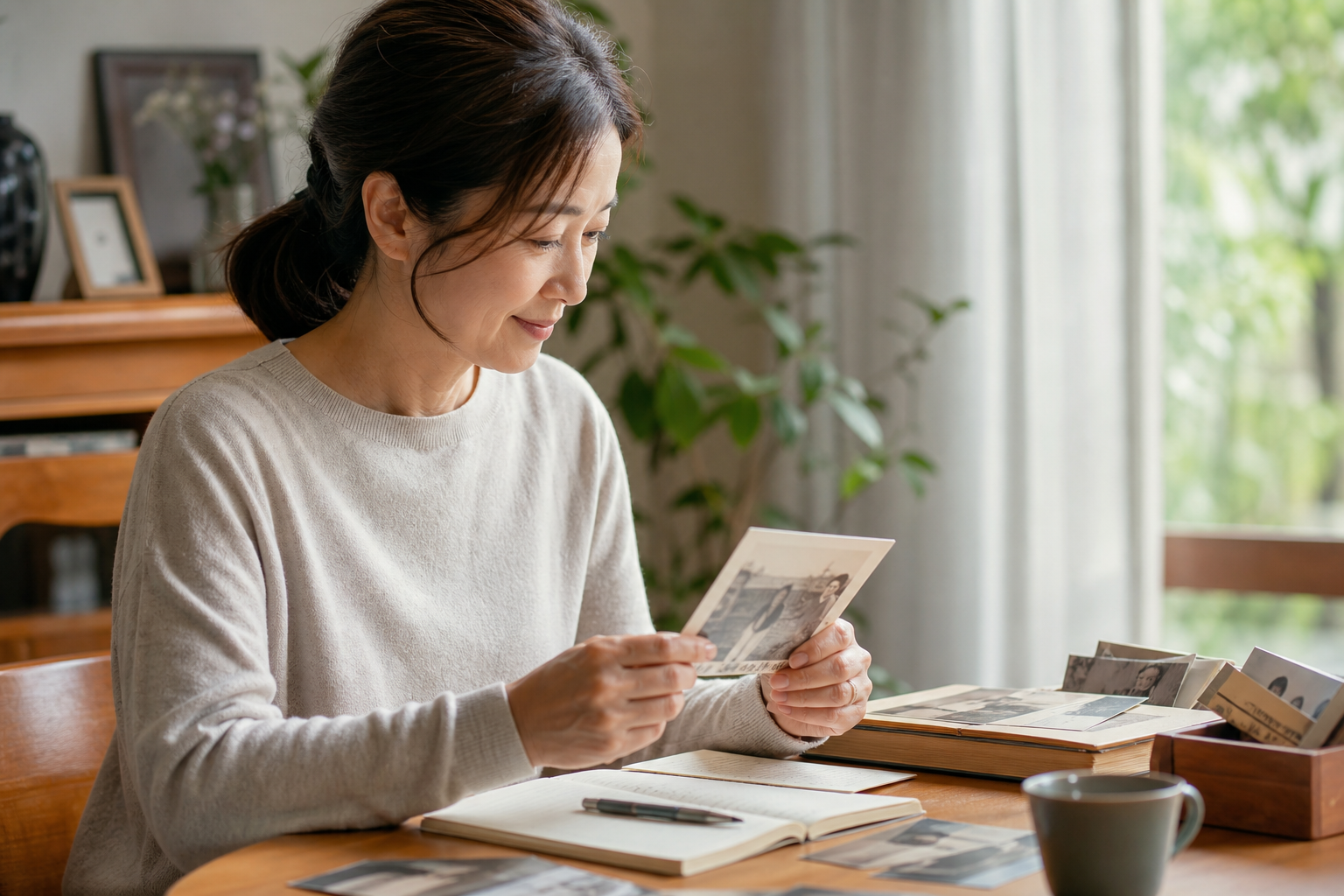 家族の写真を見ながら人生を振り返る女性