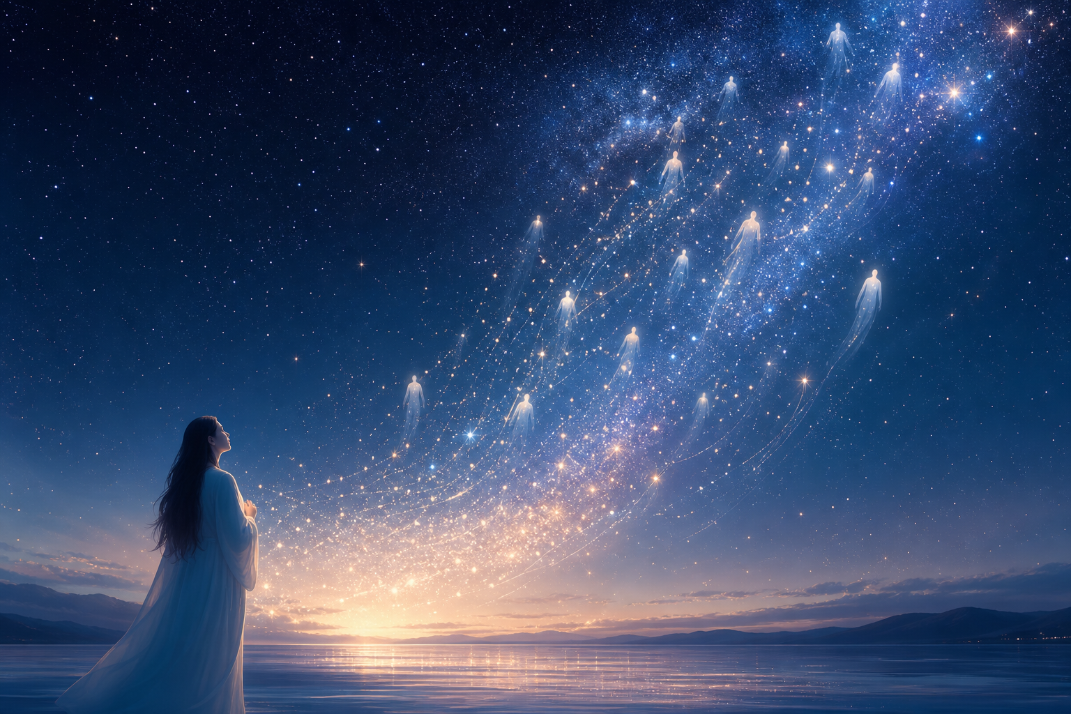 星空の下で生命と宇宙を見つめる女性