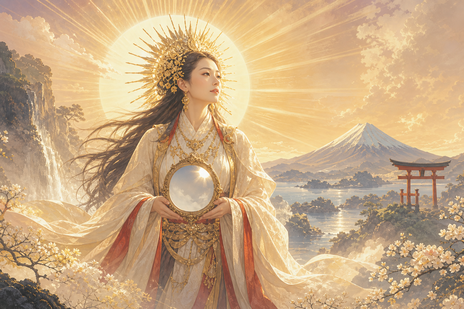 太陽と富士山を背景にした日本神話の女神像
