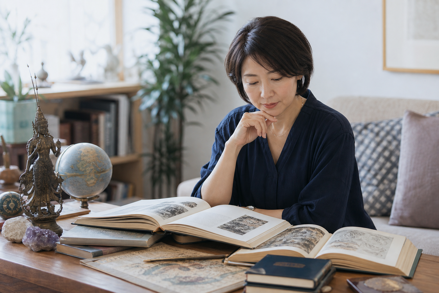 女神神話の本を調べる女性