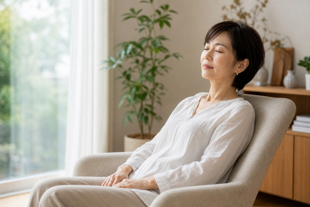 静かな椅子で安全に自己催眠を行う女性