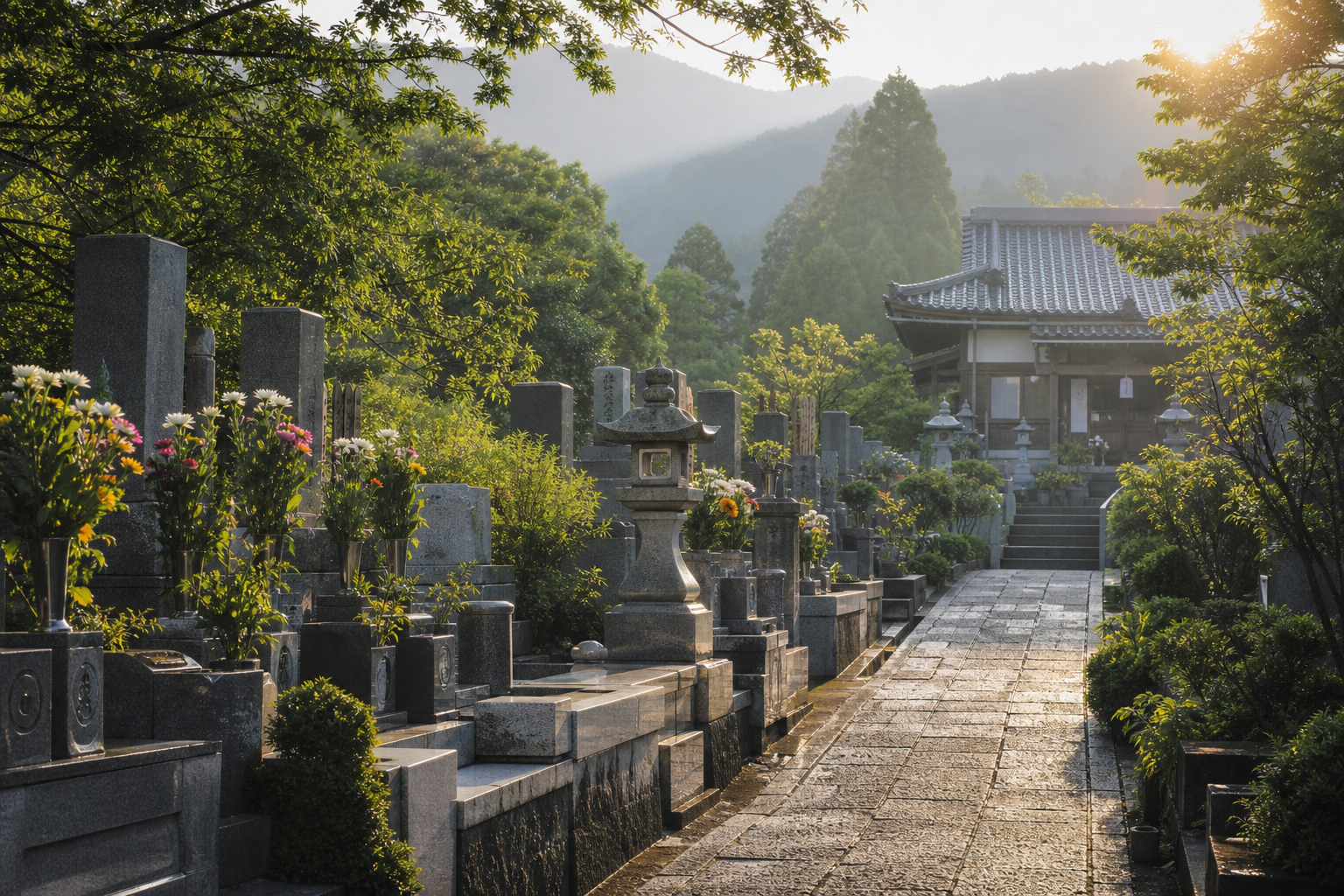 朝の光に包まれた寺院と墓地の参道