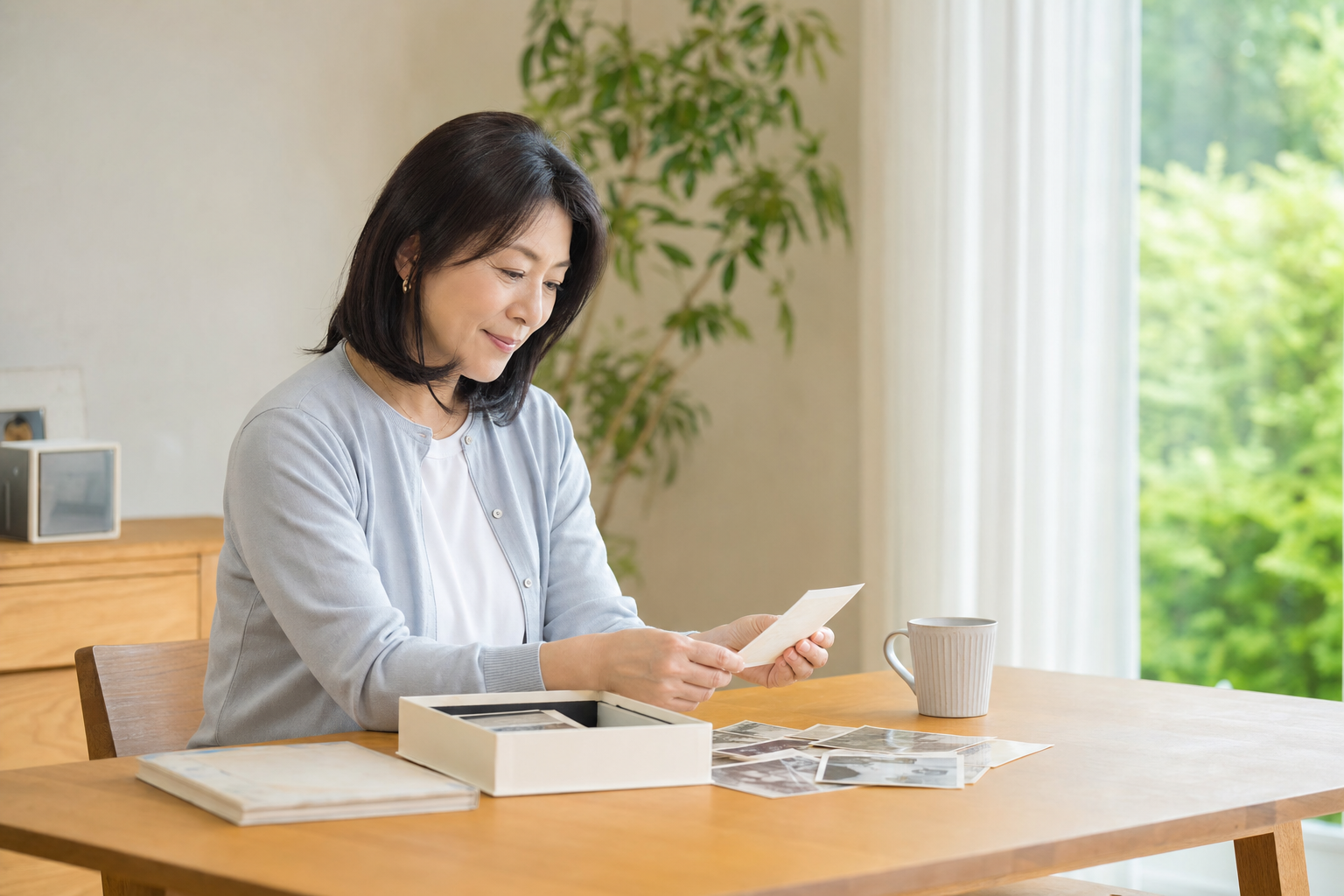 家族の古い写真を見ながら先祖を思う女性