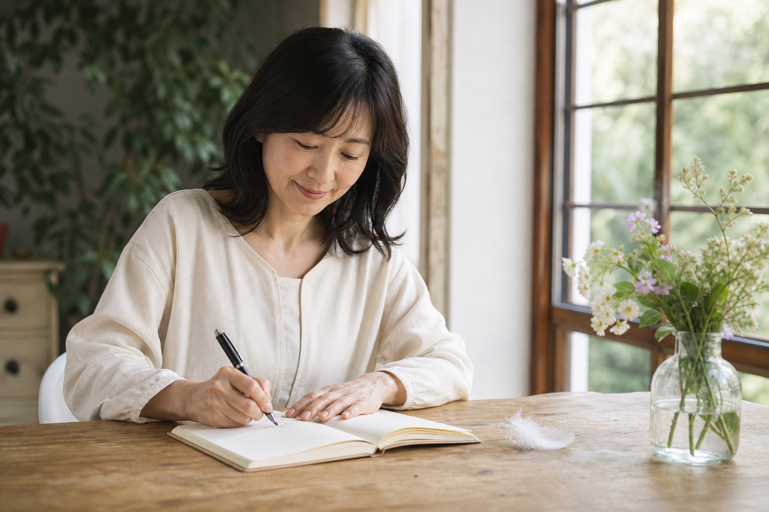 大天使の象徴と今の願いをノートに書く女性