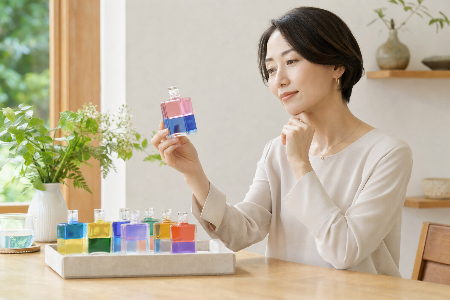 二色のボトルを直感で選ぶ女性