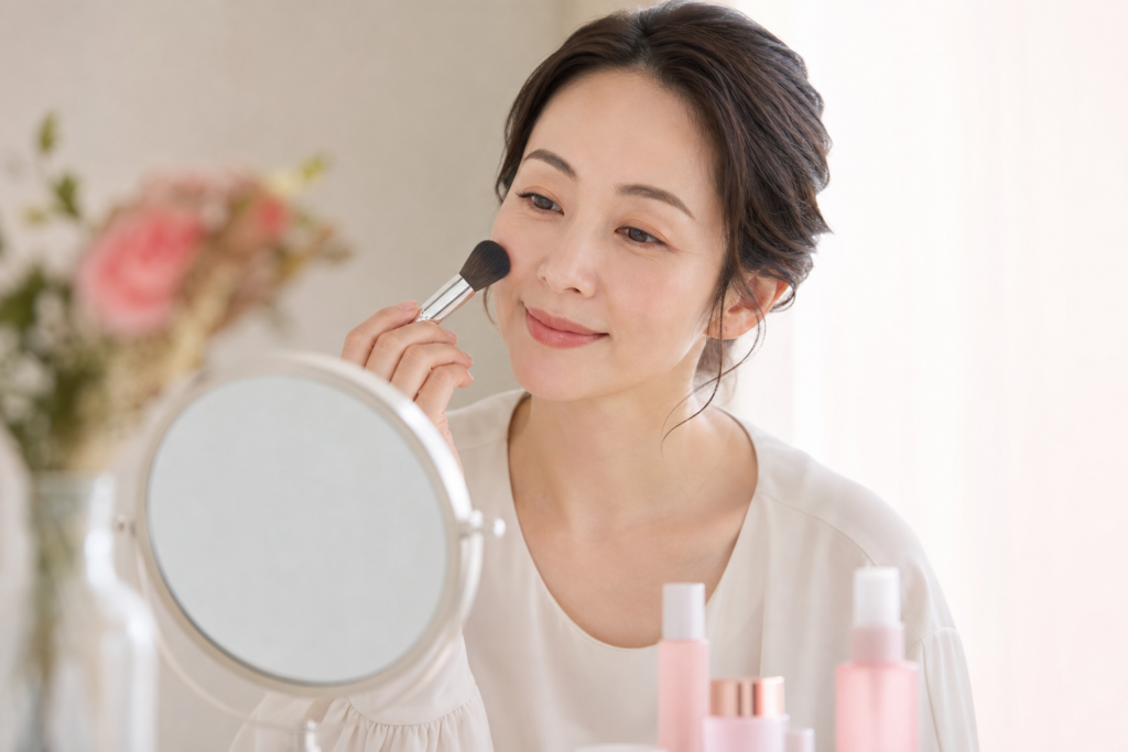 鏡の前でメイクを楽しむ上品な女性