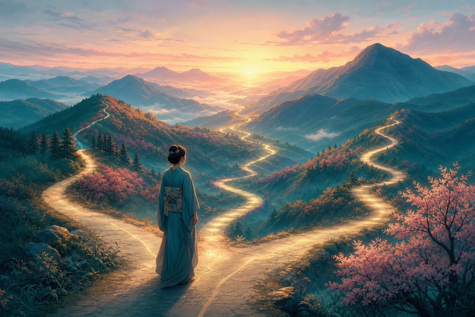 分かれ道で望む未来を選ぶ女性と山の風景