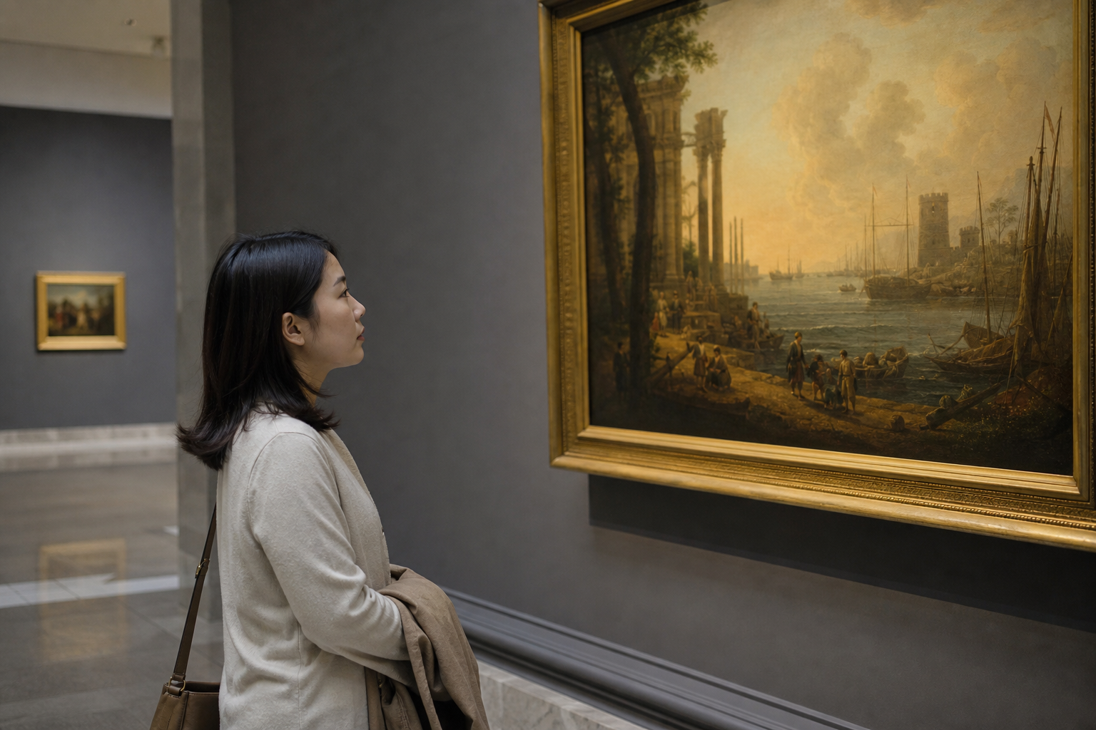 美術館で歴史的な絵を見つめる女性