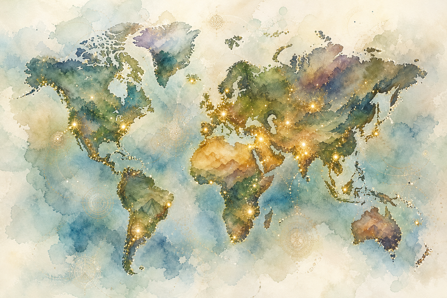 世界の聖地を示す光の世界地図