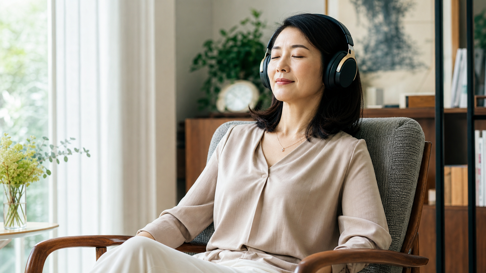 自宅でクラシック音楽を聴く女性