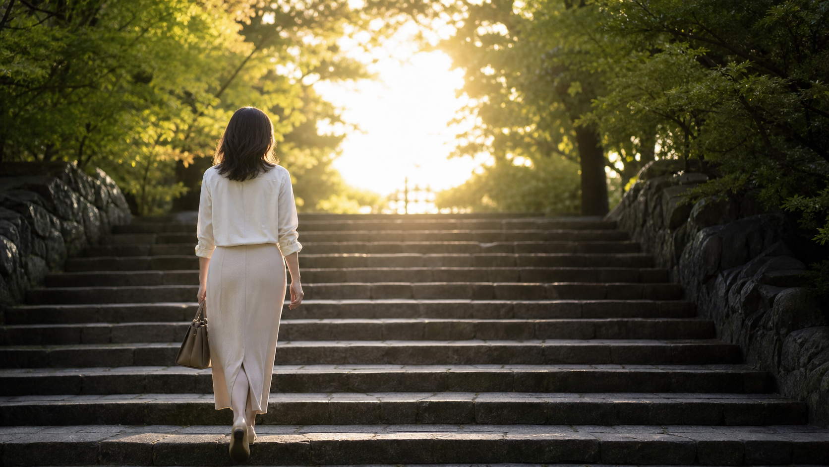朝日に向かう石段を上る女性