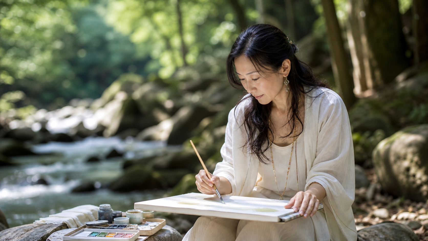 自然の中で創作活動をする女性