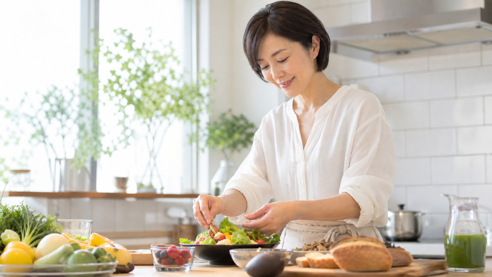 自然な食材で朝食を作る女性