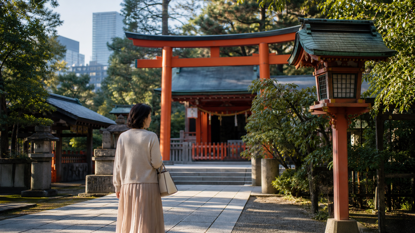 都心の神社を静かに参拝する大人の女性