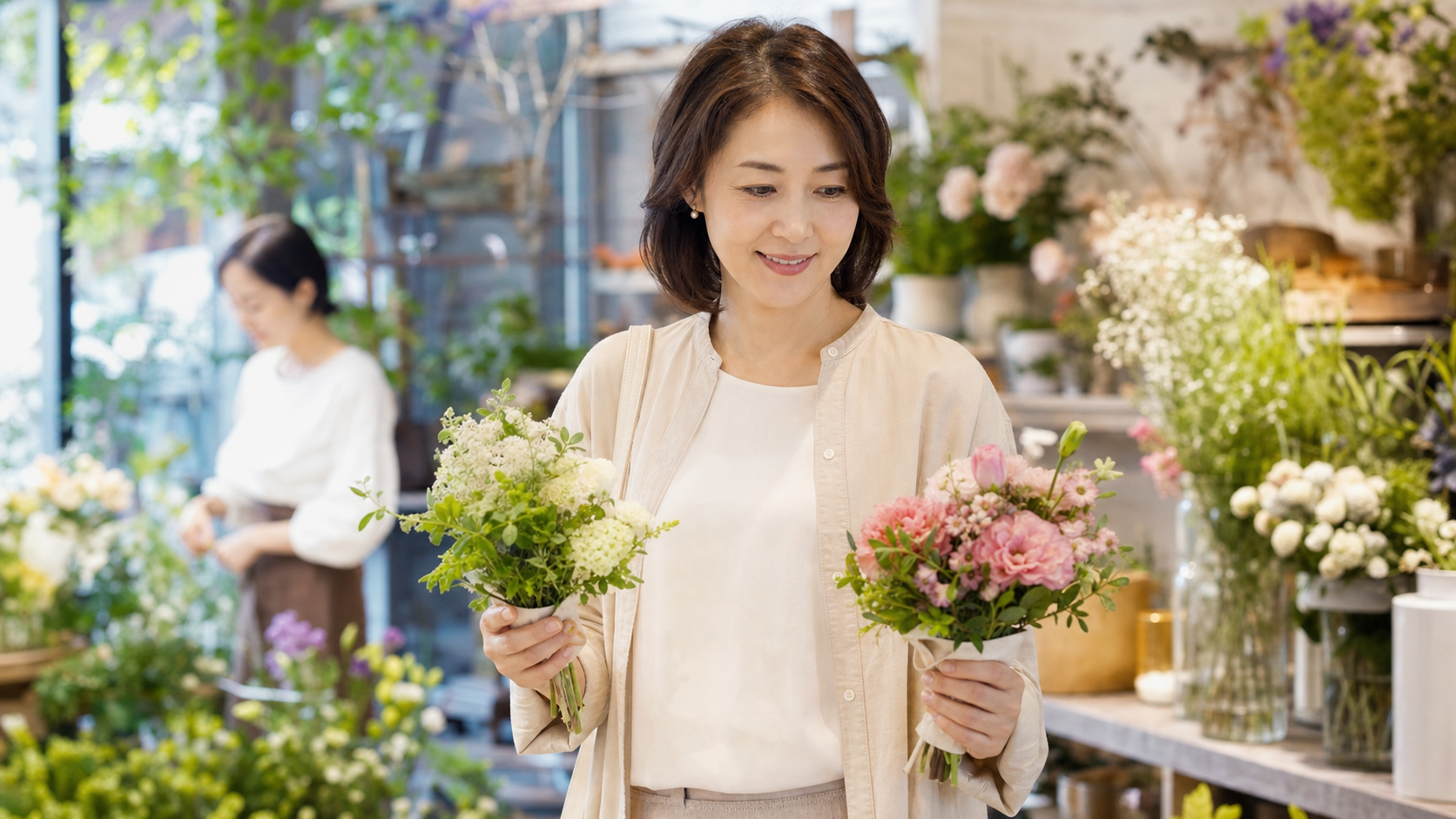 花店で自分に合う花を選ぶ大人の女性