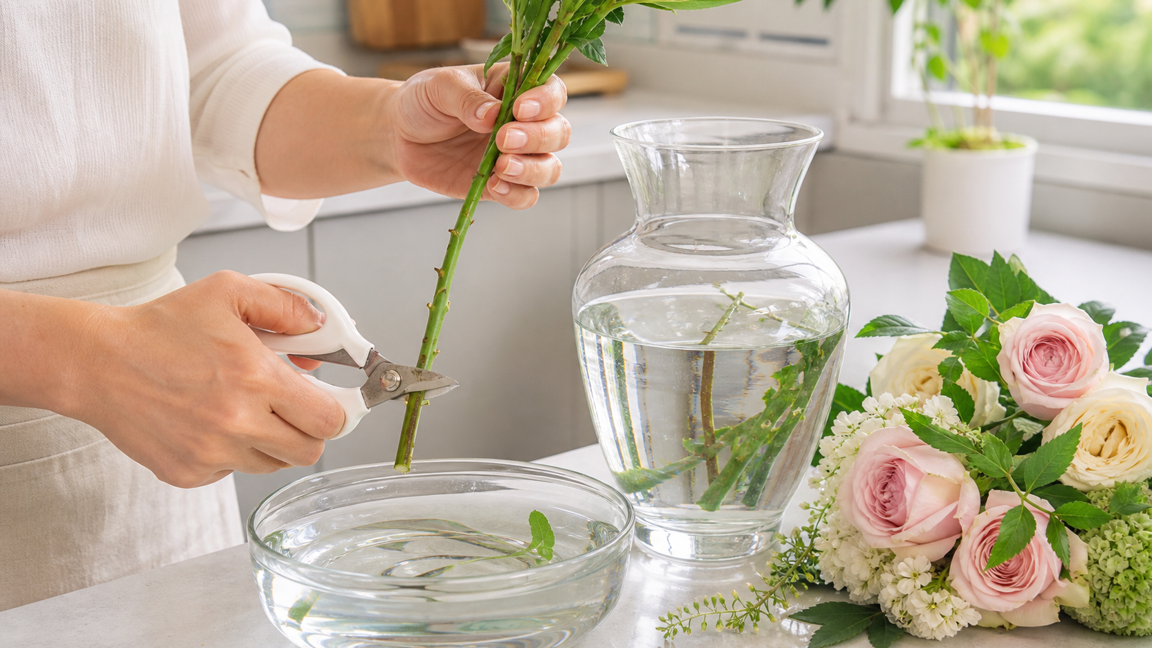 茎を切り水を替えて花を手入れする様子