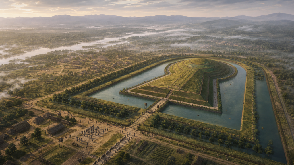 前方後円墳と古代集落が広がる古墳時代の風景
