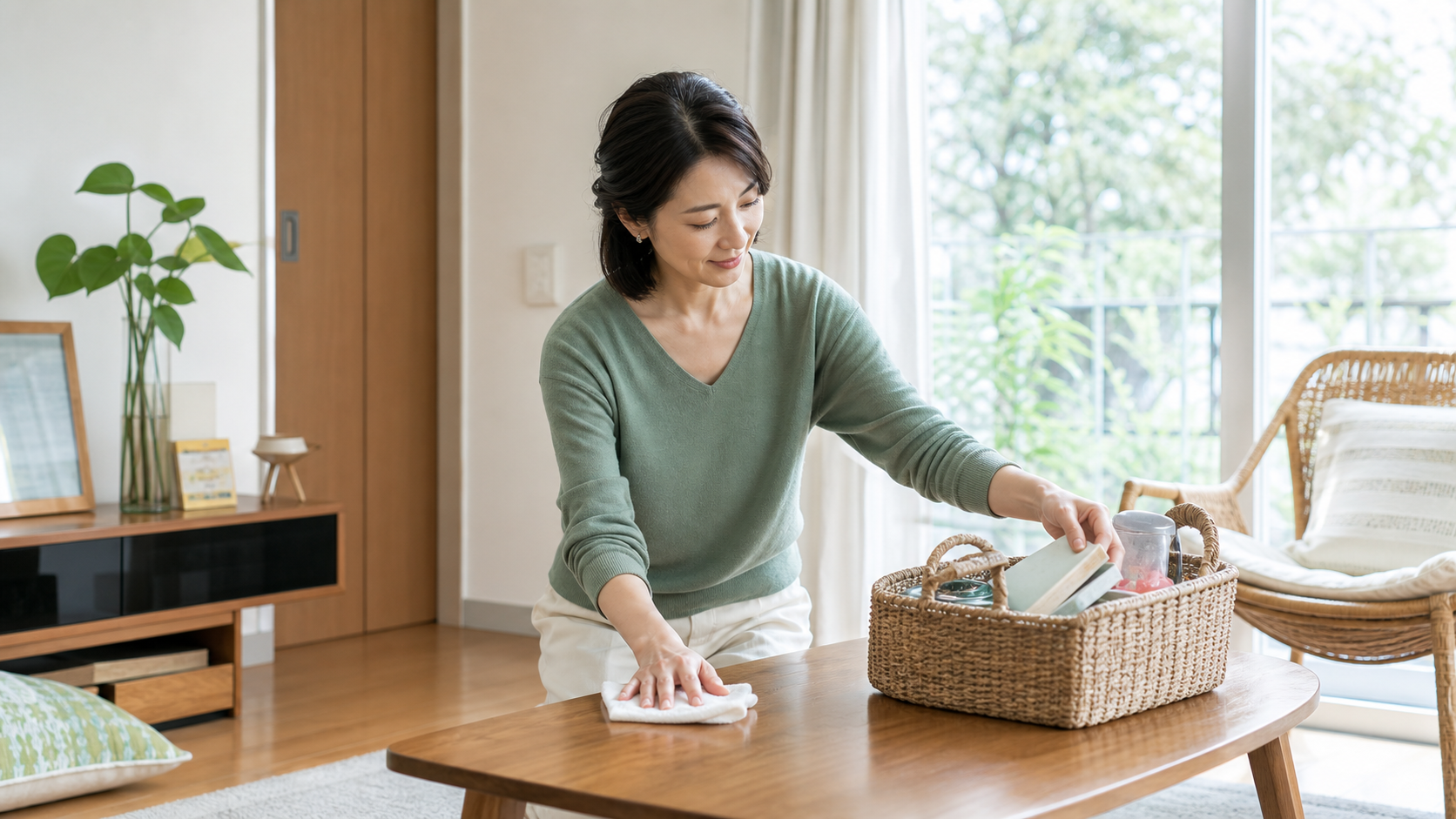 部屋を片づけて空間を整える大人の女性