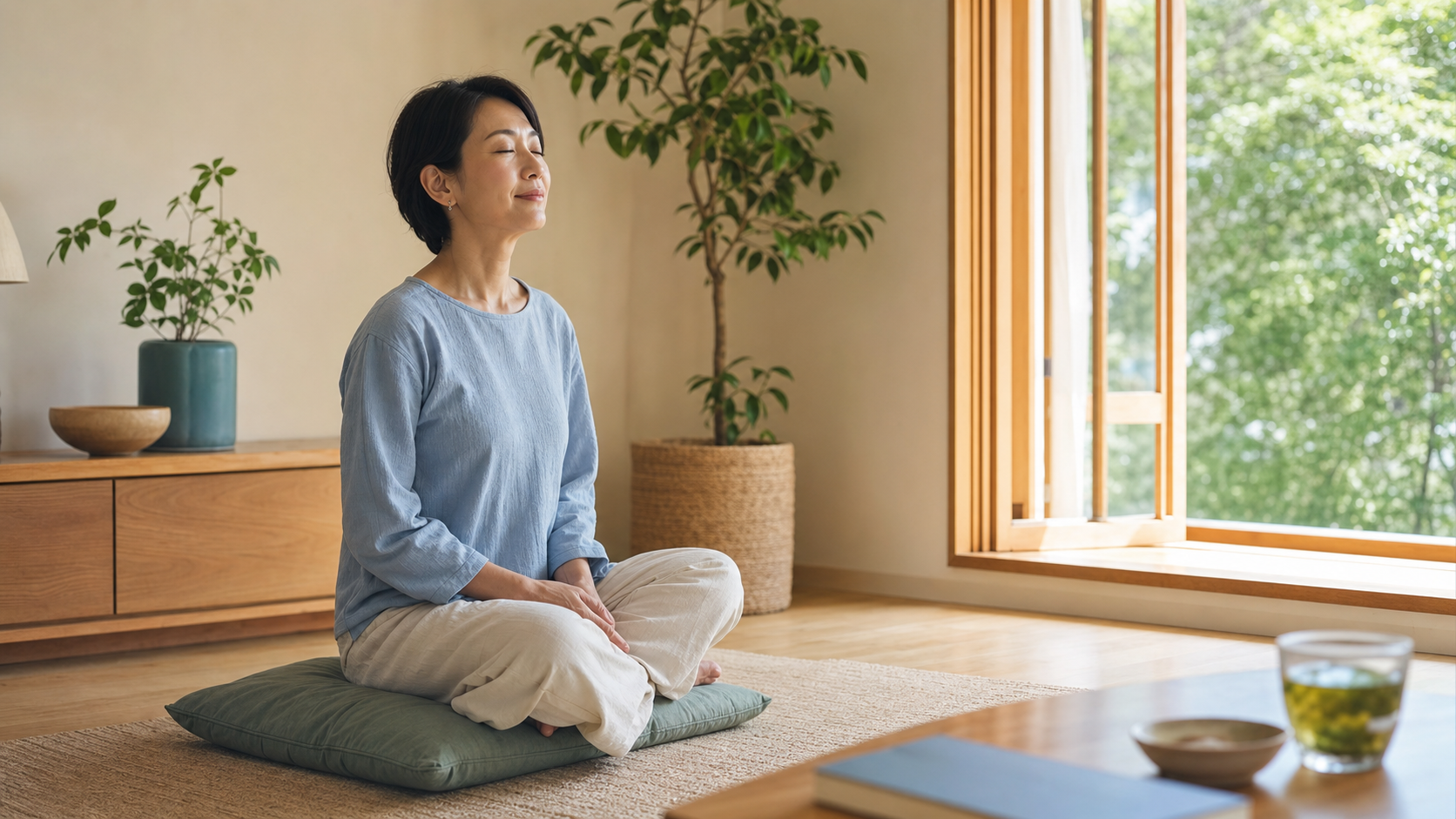 整えた自宅で静かに呼吸する大人の女性