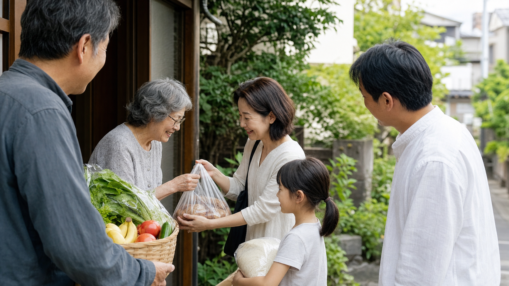 食材を分け合い助け合う地域の人々