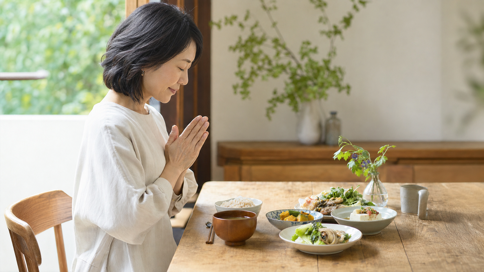 食事の前に命と食材へ感謝する女性