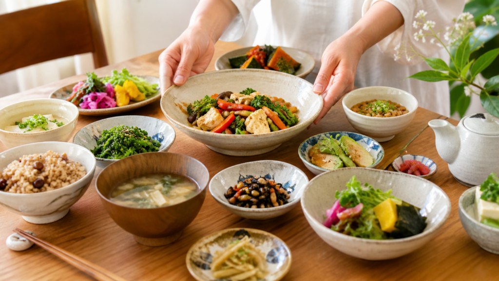 豆腐や野菜を使った彩り豊かな菜食の食卓