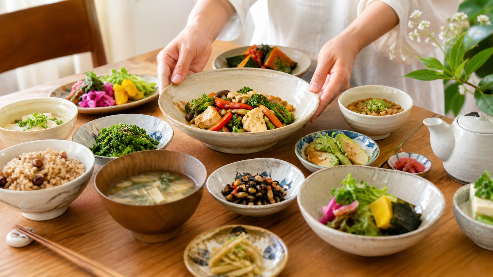 豆腐や野菜を使った彩り豊かな菜食の食卓
