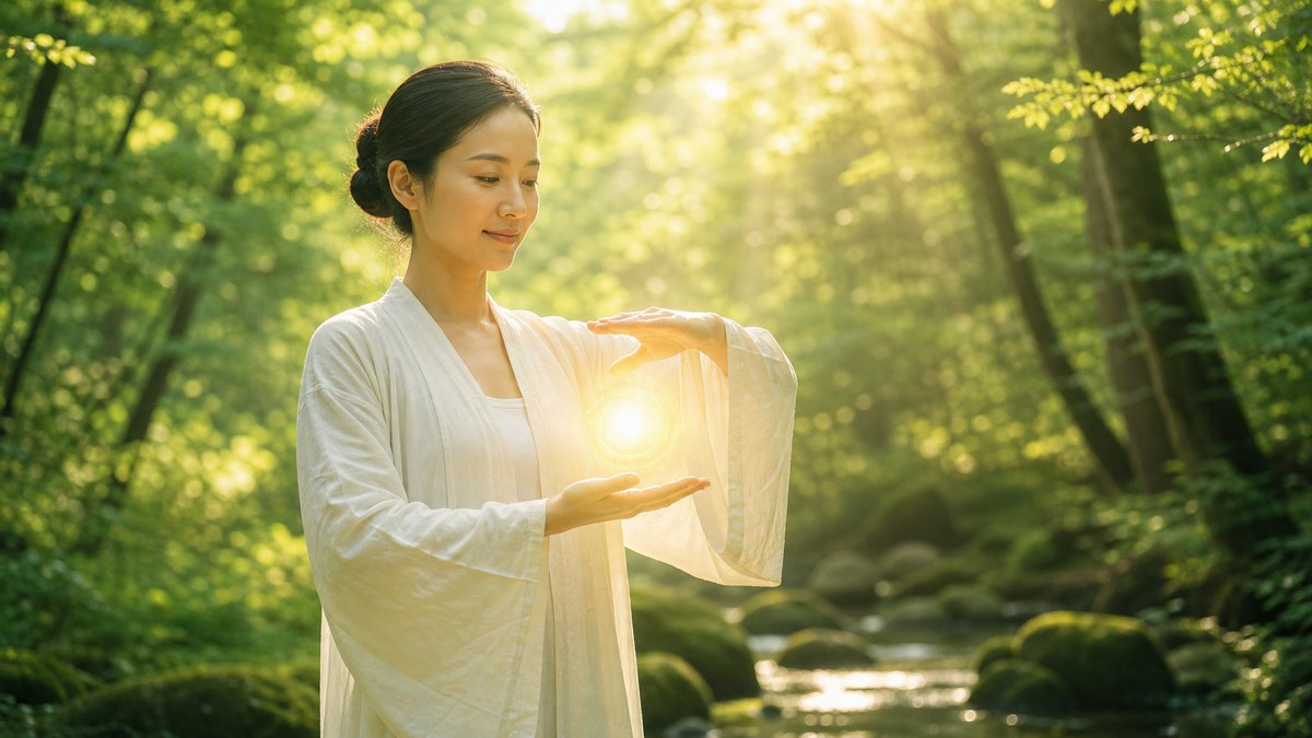 自然の中で身体感覚に意識を向ける女性