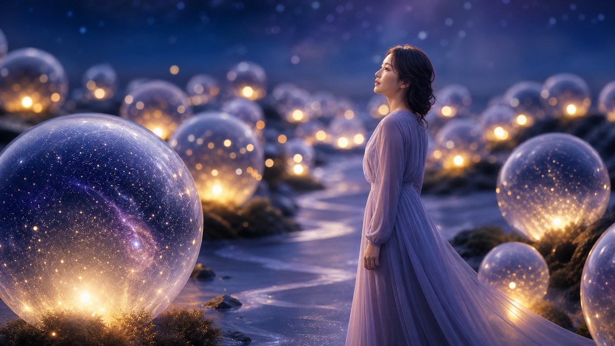 星空の球体に囲まれ自分の道を選ぶ女性