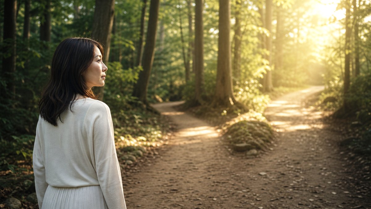 使命の手がかりを探す自然の中の女性