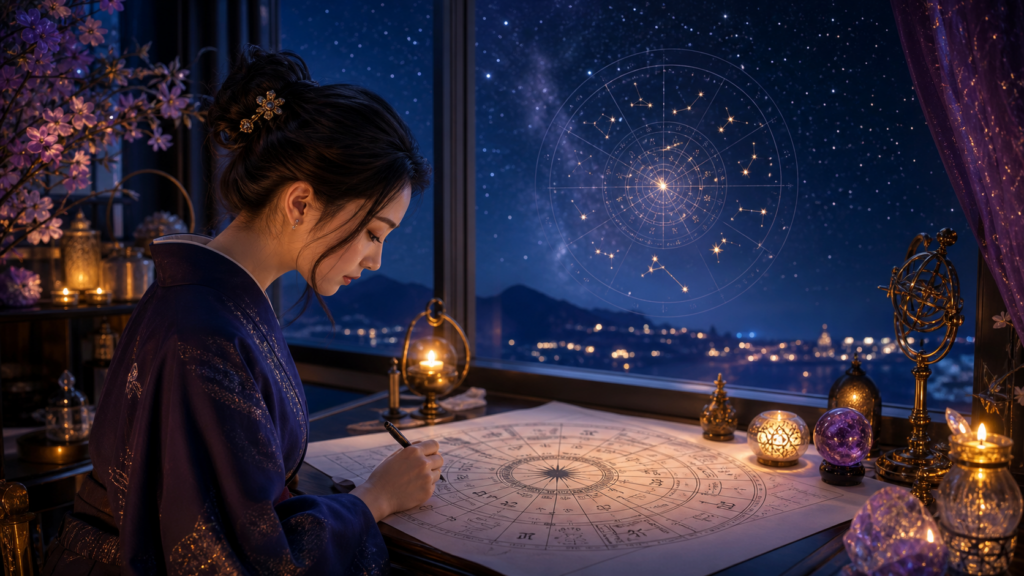 星空の下でホロスコープの読み方を学ぶ女性