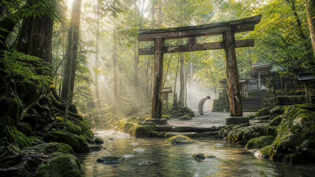古神道の教えと神社参拝を表す森の鳥居と清流