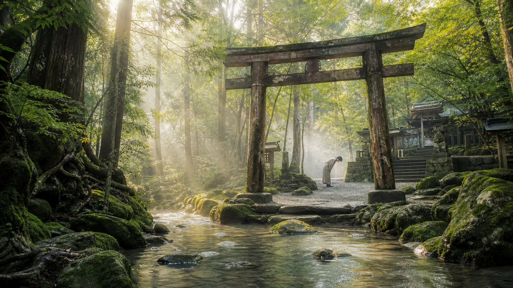 古神道の教えと神社参拝を表す森の鳥居と清流