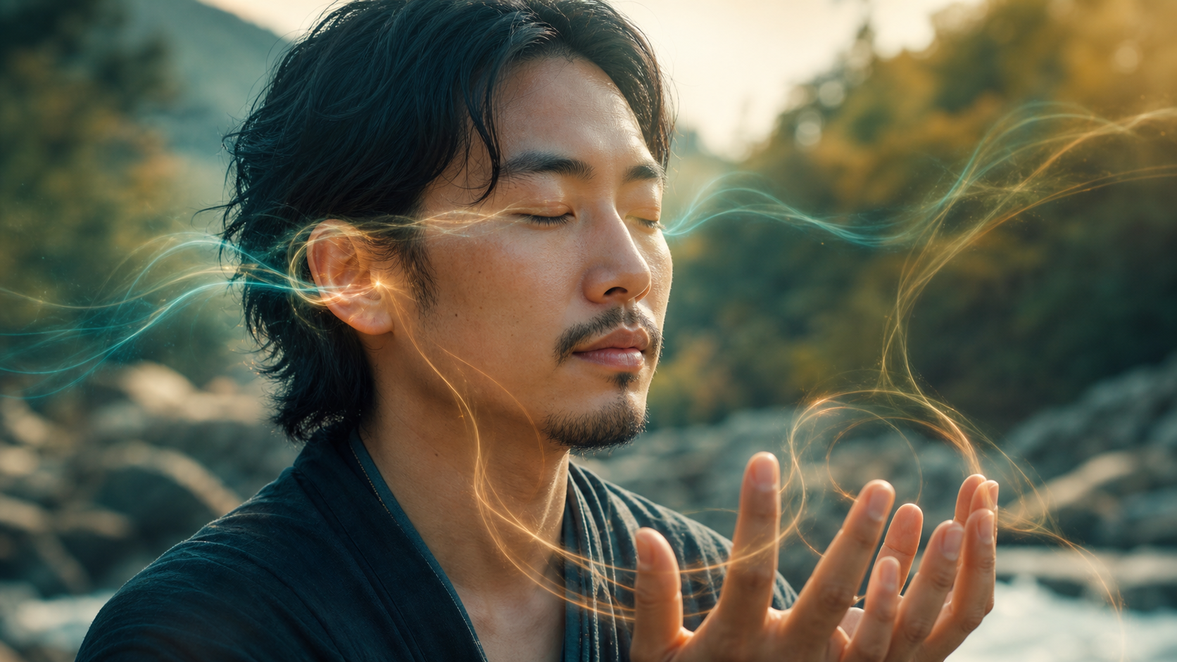 透視・透聴・透感を象徴する光と五感に意識を向ける人物