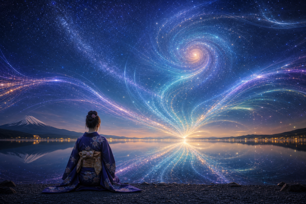 量子の波と宇宙意識の神秘を見つめる女性