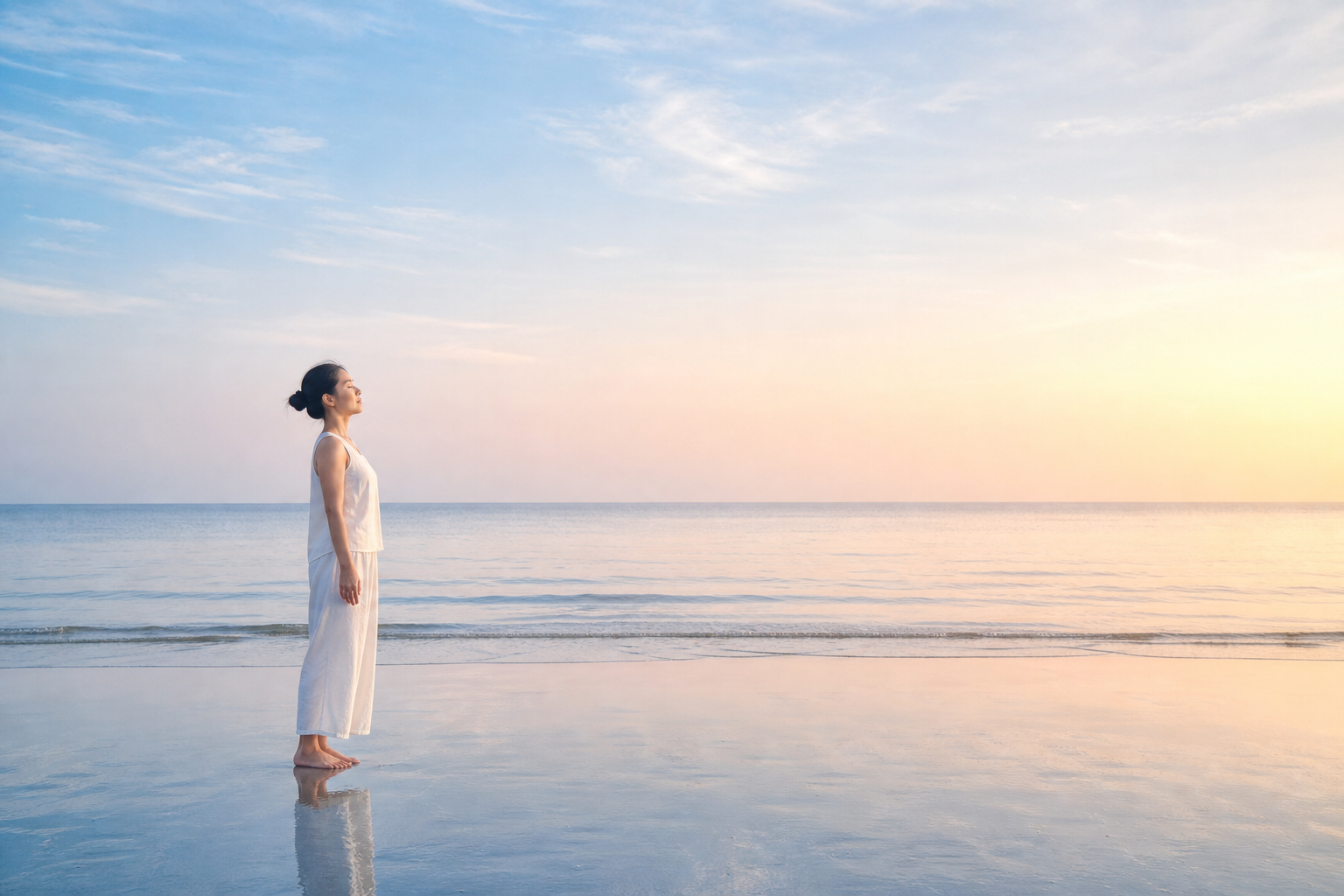 朝の海でゼロポイントの静けさへ戻る女性