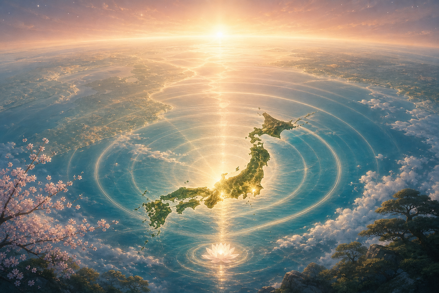 日本のスピリチュアルな使命が世界へ広がる様子を象徴するイラスト