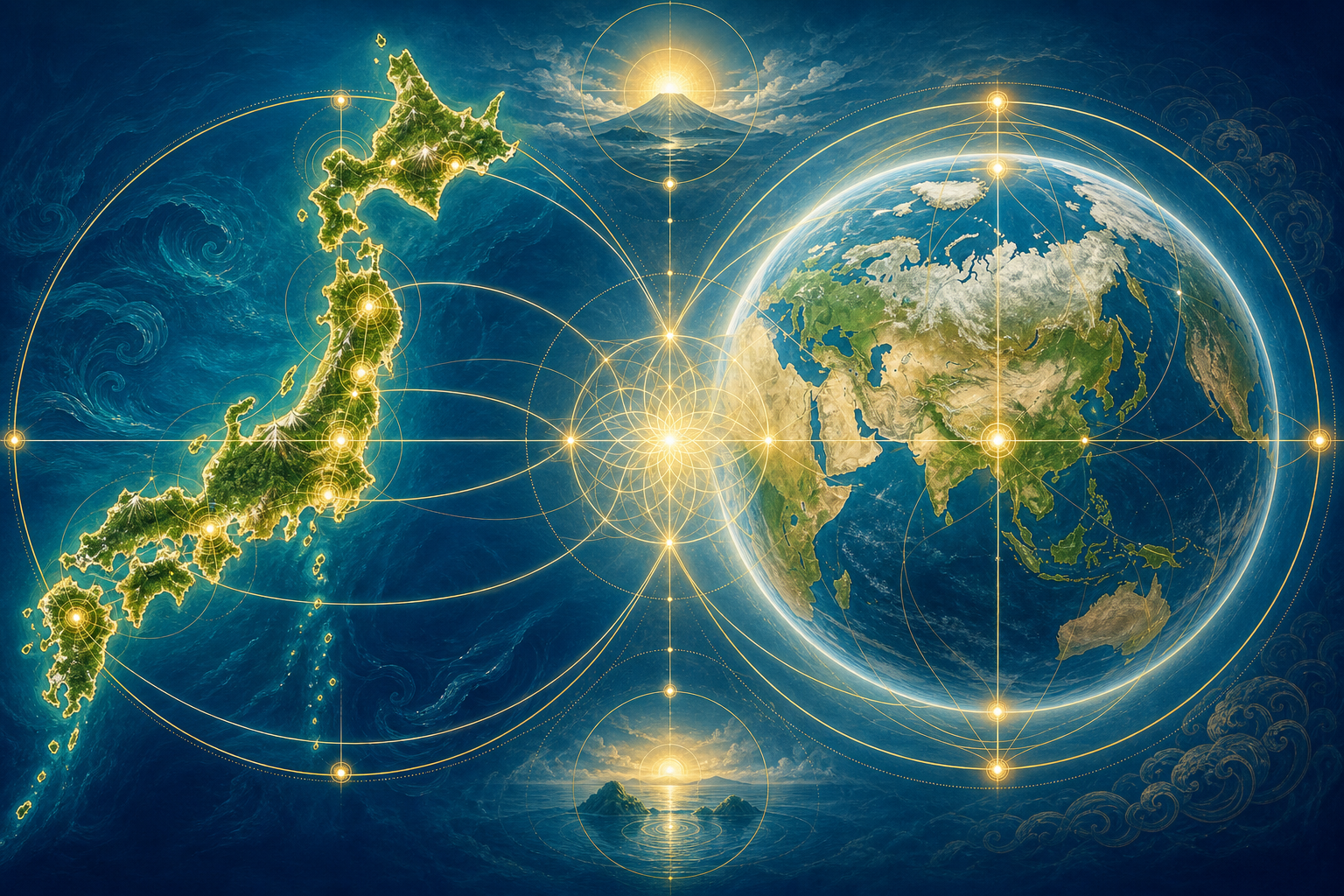 日本列島と世界地図が照応する雛型論の図解イラスト