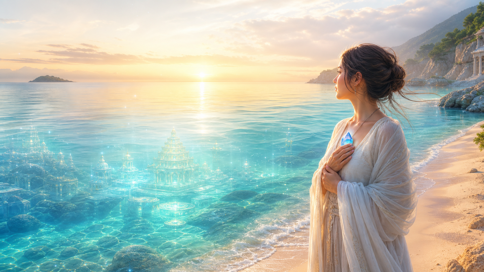 レムリアの記憶と水への恐れを癒す海辺のイラスト