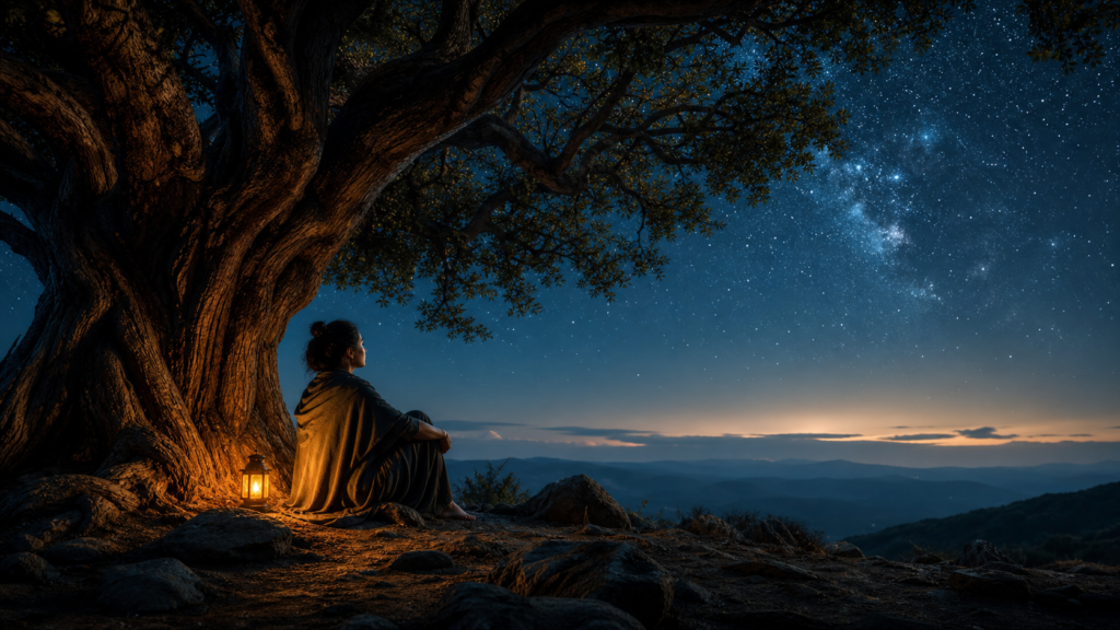 古い魂の智慧と癒しを象徴する星空と大樹