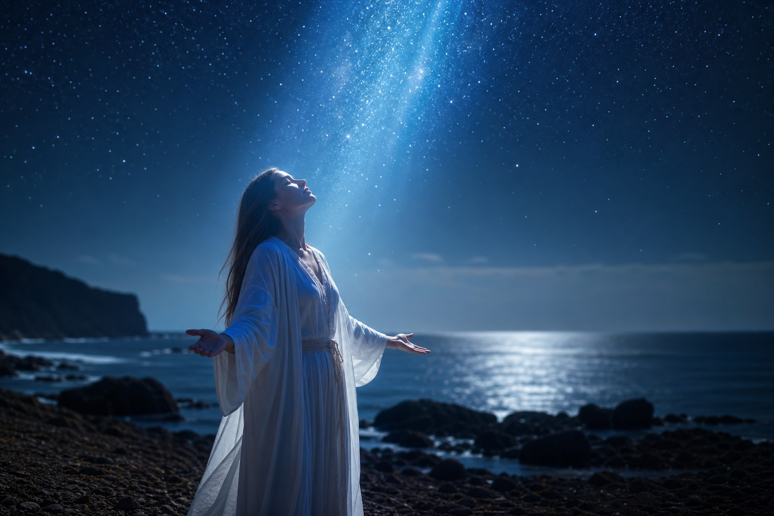 海辺でシリウスの智慧を受け取る人物