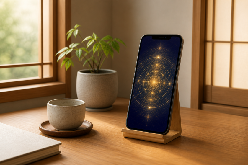 明るい窓辺に置かれたスマートフォンの活用イメージ。画面の図柄は実際の商品ではありません。
