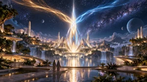 青と金の光が交わる星空の都市。エササニの異なる系譜の融合を表すイメージ画
