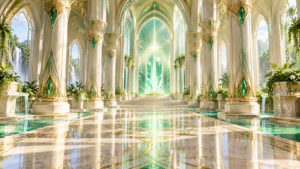 翡翠と黄金の光に包まれたレムリアの神殿をイメージした画像